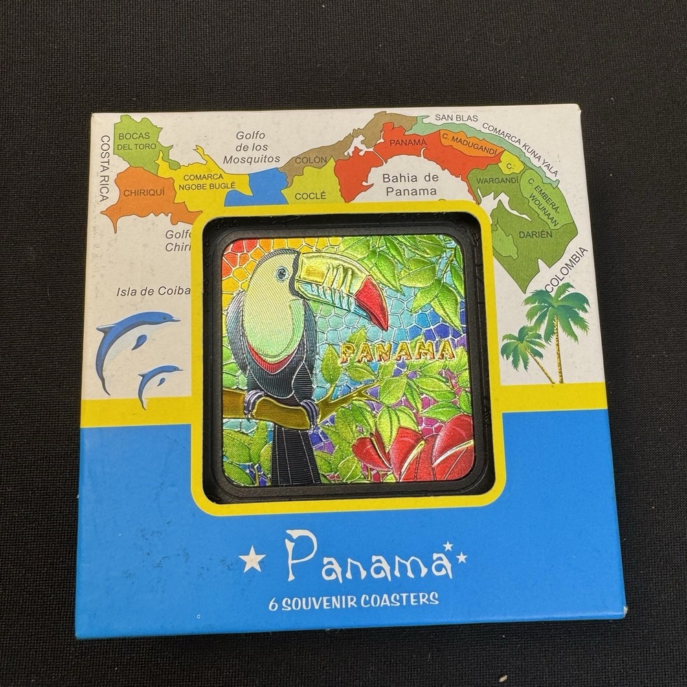 Panama Souvenir Square Coasters 4" Set Of Six Boxed
